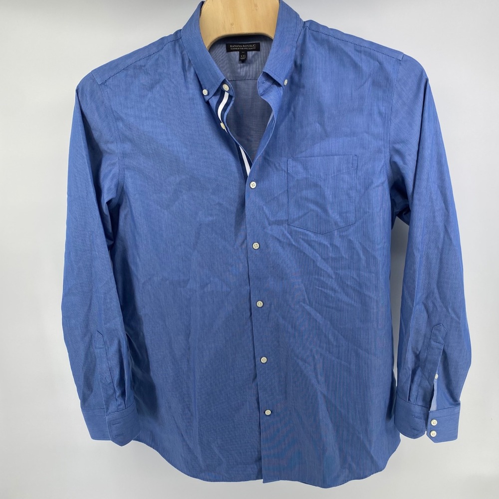 Banana Republic Mens XXL Tall Non-Iron Tailored Slim Fit Blue Micro Check Shirt - Picture 2 of 7